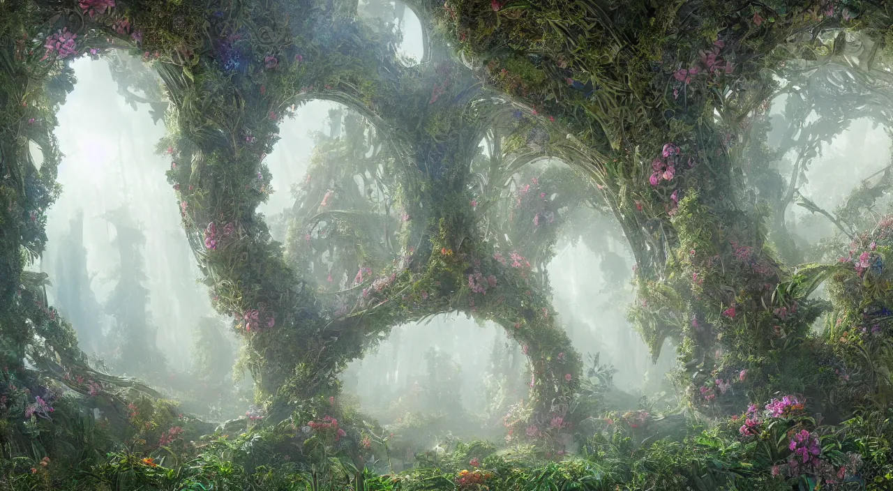 Image similar to ancient structure, large illuminated gateway, fractal structure, cellular biology, thick forest, many flowers by glenn small, by ernst haeckel, by albert bierstadt, photorealistic, zaha hadid, god rays, volumetric lighting, detailed, intricate, delicate, raytrace, octane, light fog, neon, bladerunner