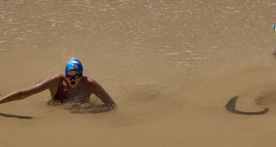 Image similar to olympic swimming in sand instead of water, extremely coherent, motion blur