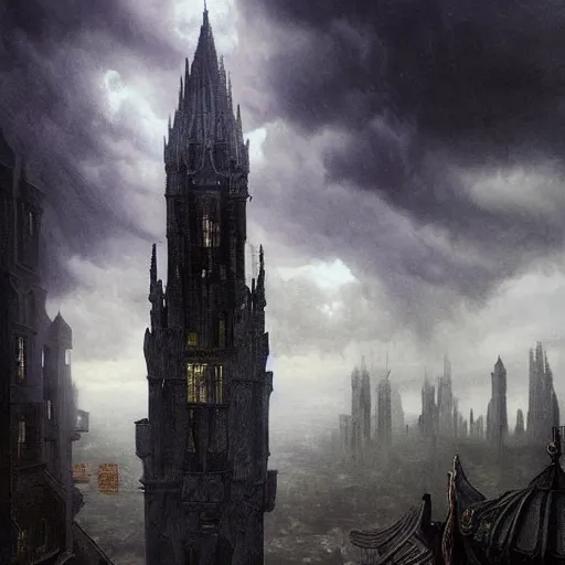 Image similar to an ultra detailed tarot card of a lonely and impossibly tall ominous gothic dark tower elevated high above the city, in a river elevated high above the city, fantasy capital city, ultrawide lense, aerial photography, scary thunderstorm, light fog, volumetric lighting, exquisite detail, 8 k, art by greg rutkowski and alphonse mucha