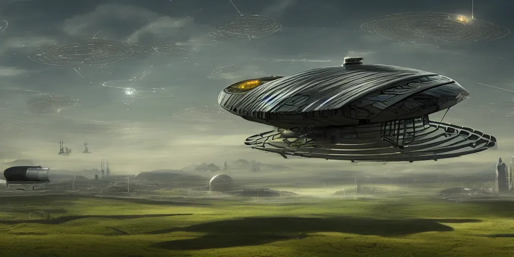 Image similar to solarpunk spaceship hovering over fields and small houses, science fiction digital art, award winning, trending on artstation, digital art. highly detailed 8 k. intricate. lifelike.