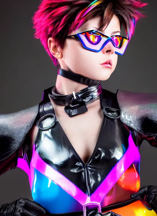 Image similar to realistic photo portrait of tracer overwatch, confident pose, wearing black iridescent rainbow latex, rainbow, neon, 4 k, expressive surprised expression, makeup, wearing detailed black leather collar, wearing sleek armor, studio lighting, black leather harness, expressive detailed face and eyes,