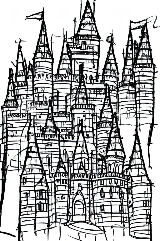 Image similar to single line sketch of elaborate intricate castle, scribble sketch, small details,