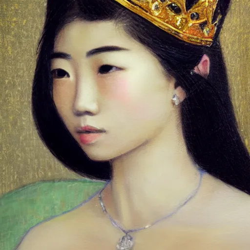 Image similar to Close-up of a young asian woman’s face wearing jewelry and a crown, low light and soft focus, painting in the style of Wlop