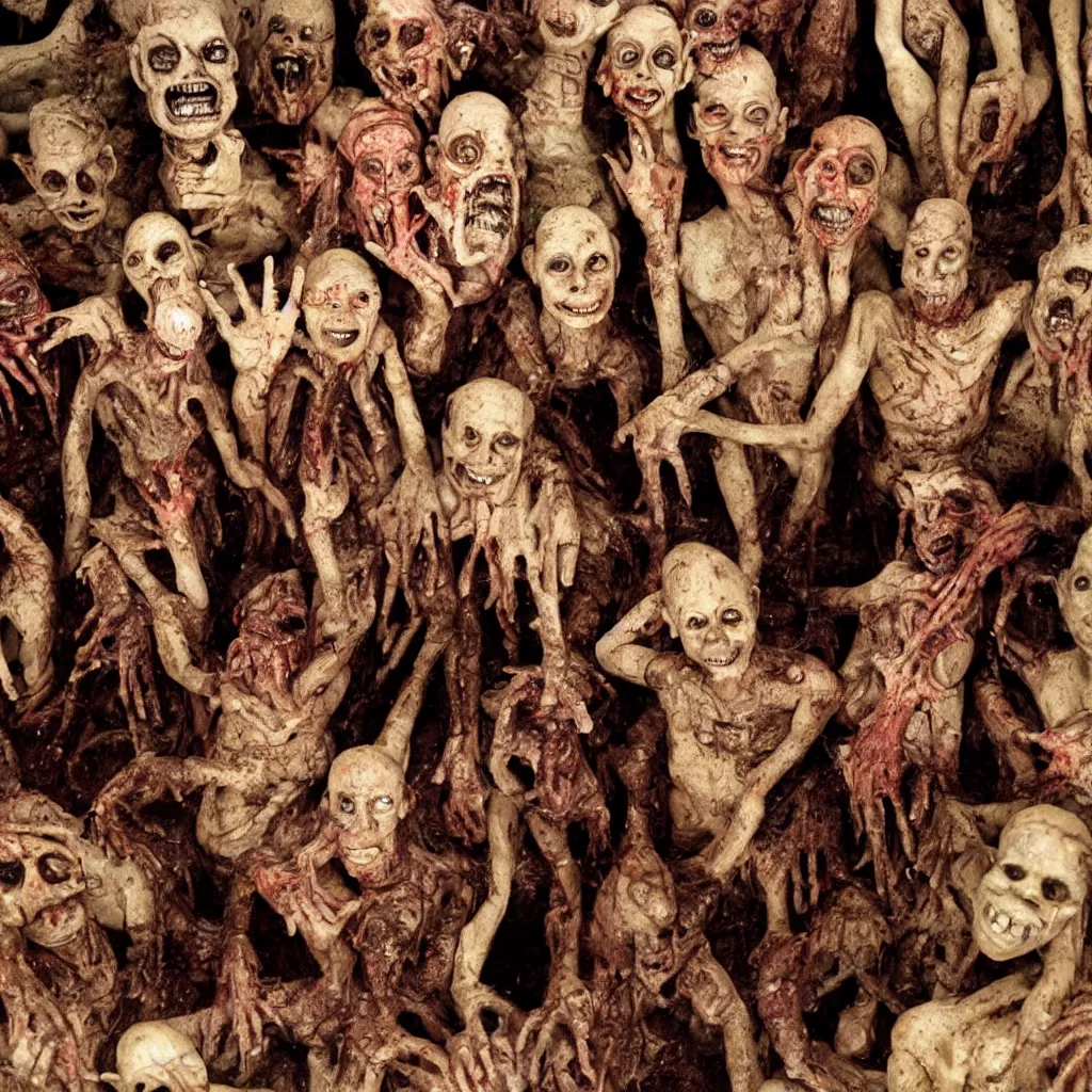 Image similar to portrait of a happy creepy mud clay people in supermarket by bob bottin and cronenberg, horror grotesque, realistic detailed photography, filth and grim, colorized 1 9 9 0's