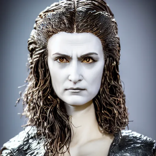 Image similar to photo taken of an epic intricate, ultra detailed, super realistic bust of a majestic gracious regal aristocratic brunette female vampire created by weta workshop, menacing, some zoomed in shots, photorealistic, sharp focus, white wall, extremely cold blueish colour temperature, 3 5 mm, f 1. 4, golden ratio