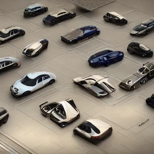 Image similar to parking several cars: center composition, cars portraits, ground view, motherboard forms designed by zaha hadid, sci-fi futuristic ultra realistic photography, keyshot render, octane render, unreal engine 5 lumen, high oiled liquid glossy specularity reflections, ultra detailed, golden hour, dramatic lighting 4k, 8k, 16k in the style ofblade runner 2049 Cyberpunk 2077 ghost in the shell thor 2 marvel film : tilt shift: sharp focus