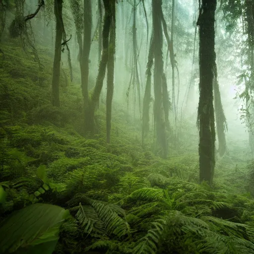 Image similar to a cinematographic wide shot of a lush and dense forest with anthropogenic moss, vines and ferns, dusk light filtering from the trees below. The scene is apocalyptic, eerie but serene, volumetric, 8k, high resolution