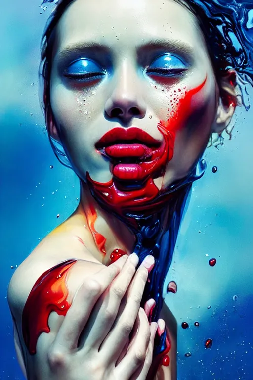 Image similar to 3 d, crying fashion model, flame, liquid deep blue and red water, sun, vogue cover style, poster art, high detail, intricate oil painting, multiple exposure, heaven mood, hyperrealism, 3 d, by tooth wu and wlop and beeple and greg rutkowski