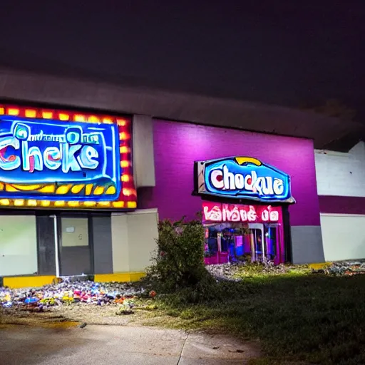 Image similar to photo of an abandoned Chuck E. Cheese, taken at night