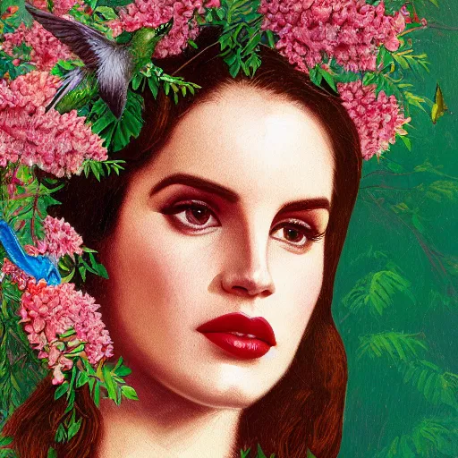 Prompt: head and shoulder portrait of lana del rey, surrounded by hummingbirds and dense fine floral ornaments, eye - level medium shot, dense floral background, elegant, intricate, by van rysselberghe theo and enjolars delphin, centered, volumetric light