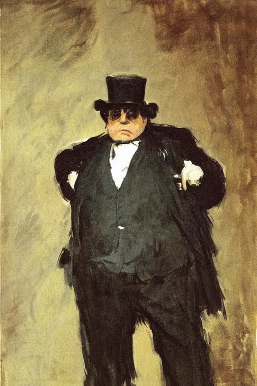 Prompt: portrait of a hulking herculean danny devito as a gentleman wearing an edwardian suit and top hat by walter sickert, john singer sargent, and william open