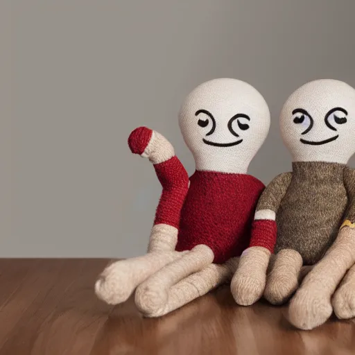 Prompt: yarn doll, hide the pain harold, product photography, commercial lighting