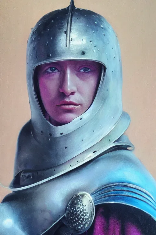 Image similar to hyperrealism oil painting, close - up portrait of caucasian medieval fashion model, knight, steel gradient mixed with nebula sky, in style of baroque mixed with 7 0 s japan book art