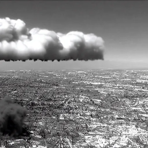 Prompt: combat drone strike war footage, ir, infrared camera, very high contrast, nuclear cloud, high angle vertical, dirty, grainy, noisy, bad drone camera, airwaves, static,