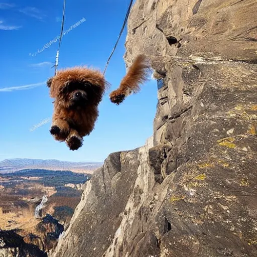 Image similar to a hairy dog with a big parachute jumping from a cliff