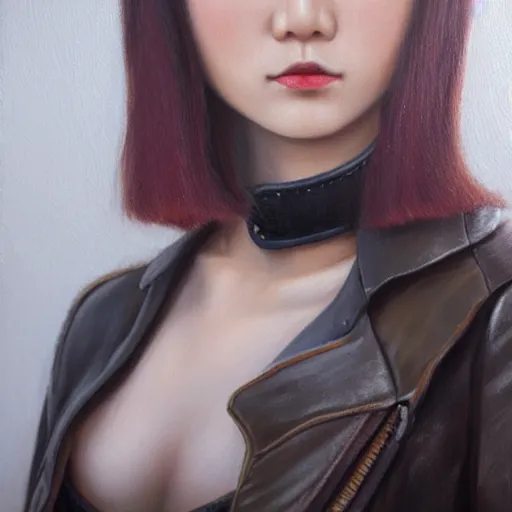 Image similar to perfect, realistic oil painting of close-up japanese young woman wearing leather jacket, in Neverwinter