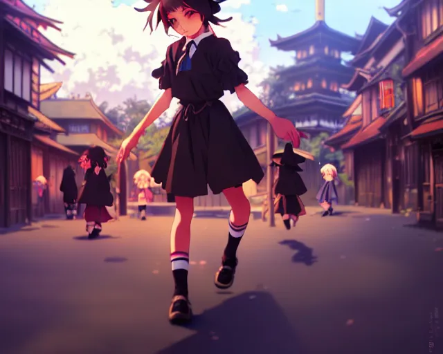 Prompt: key anime visual portrait of a young female witch walking through a busy fantasy village, ilya kuvshinov, dynamic pose, dynamic perspective, cinematic, dramatic lighting, muted colors, detailed silhouette, textured, anime proportions, kyoto animation, haibane renmei, niea _ 7, yoh yoshinari