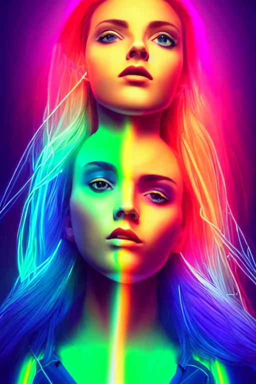 Image similar to a award winning half body portrait of a beautiful woman with stunning eyes in a croptop and cargo pants with rainbow colored ombre hairstyle head in motion and hair flying by thomas danthony, surrounded by whirling illuminated neon lines, outrun, vaporware, shaded flat illustration, digital art, trending on artstation, highly detailed, fine detail, intricate