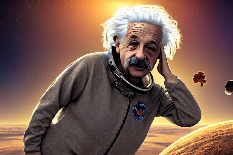 Image similar to still fullbody photo of sad albert einstein in spacesuit in space, flat earth on elephants and turtle at background, highly detailed, photorealistic shot, bright studio setting, studio lighting, crisp quality and light reflections, unreal engine 5 quality render