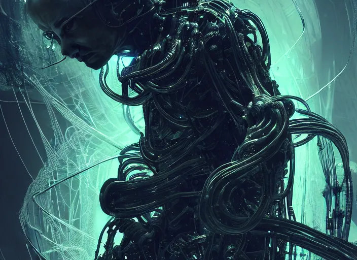 Prompt: a mysterious translucent space alien, neon wired tubing, eerie shimmering surroundings, concept art, intricate, detailed, award - winning, cinematic, octane render, 8 k, photorealistic, by tsutomu nihei, by emil melmoth, by gustave dore, by craig mullins, by yoji shinkawa