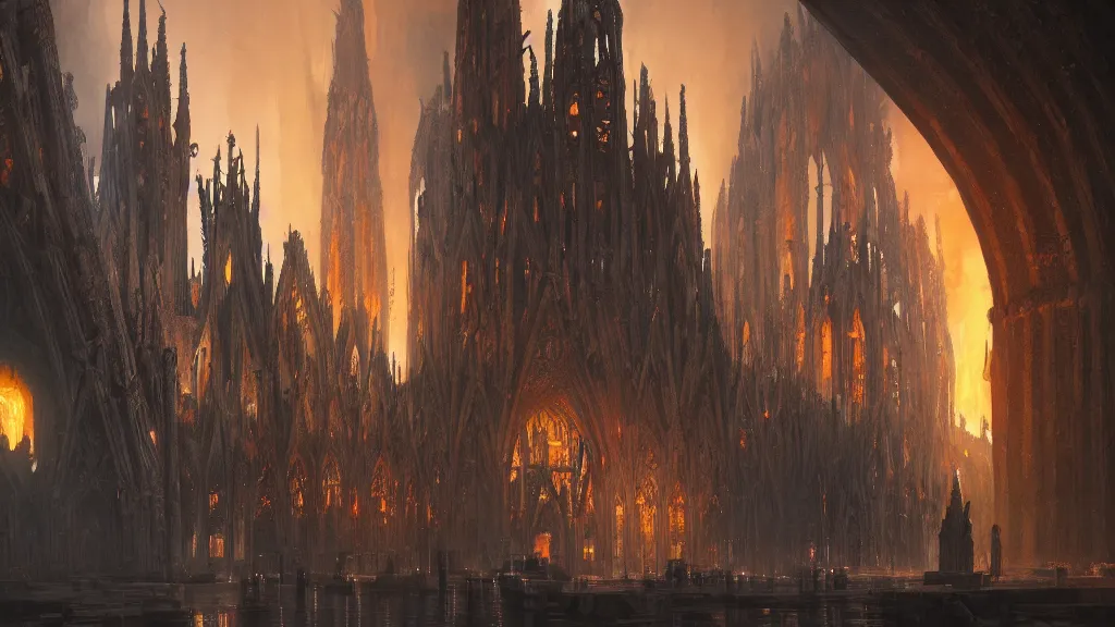 Prompt: an obsidian Sagrada Família cathedral with a giant obsidian door, in the elemental plane of fire, Dungeon and Dragon illustration, painted by Greg Rutkowski, 4k, trending on ArtStation