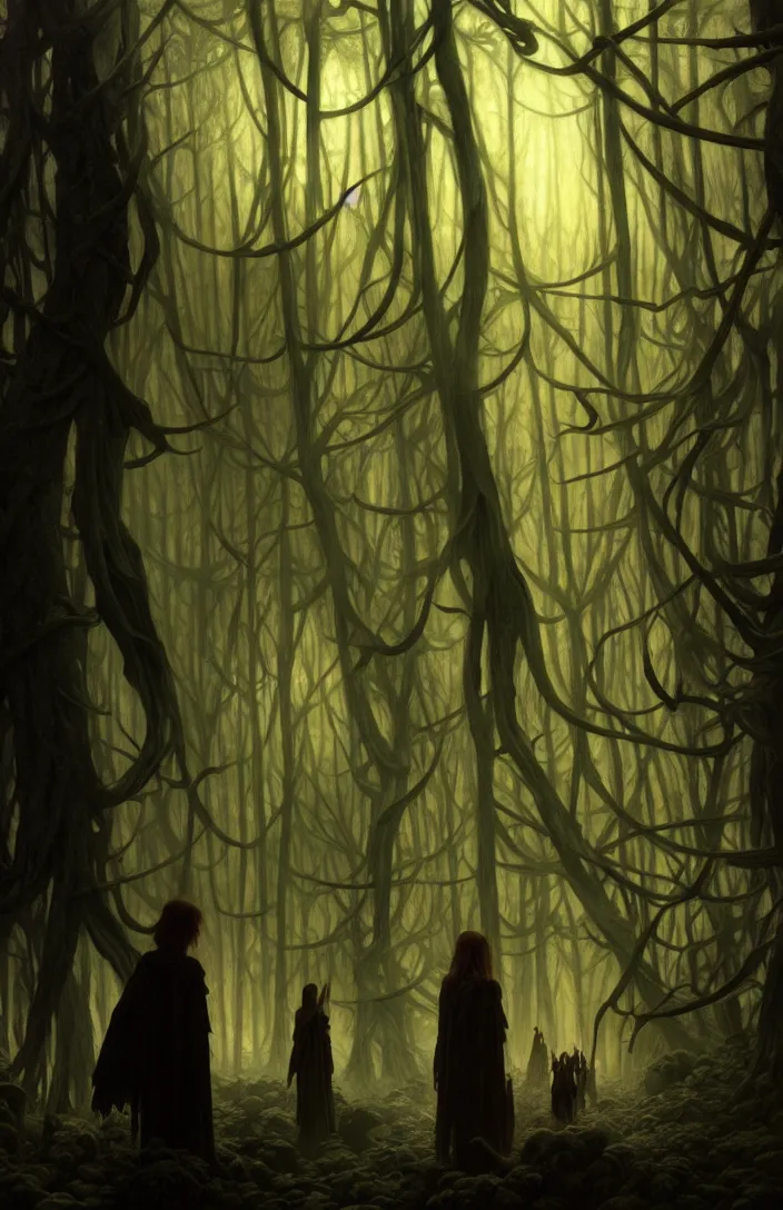 Image similar to shadow people watching us inside a dark horror forest, heroic lighting, folklore, intricate, highly detailed, lifelike, photorealistic, digital painting, artstation, illustration, concept art, smooth, sharp focus, art by John Collier and Albert Aublet and Krenz Cushart and Artem Demura and Alphonse Mucha