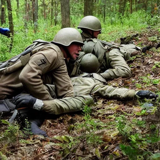 Image similar to ww 2 battlefield encounter in the woods between 2 american soldiers and a german soldier