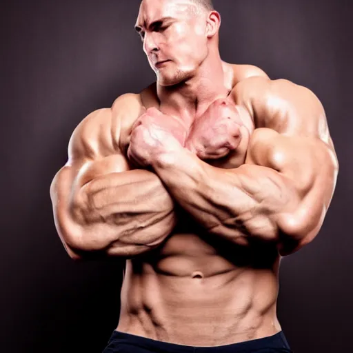 Image similar to very muscular chad man is so muscular that his biceps have biceps, flexing arms, studio photograph, black and white