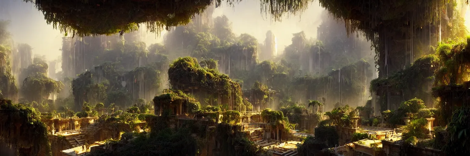 Image similar to a cinematic scene from the hanging gardens of babylon, concept art by james gurney and greg rutkowski, dramatic lighting, ultra hd, hdr, 8 k