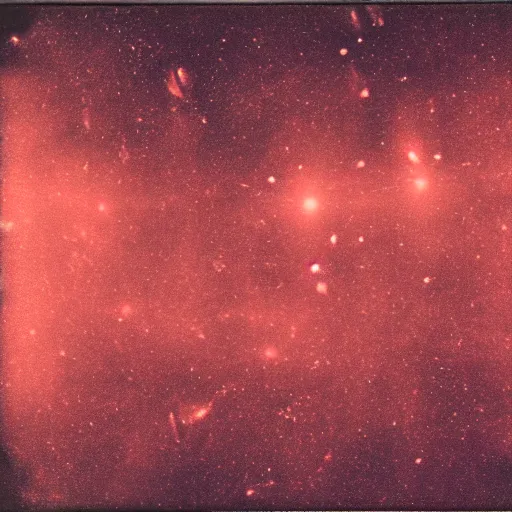 Image similar to aged polaroid photo of deep space, galaxies visible, film grain, red color bleed