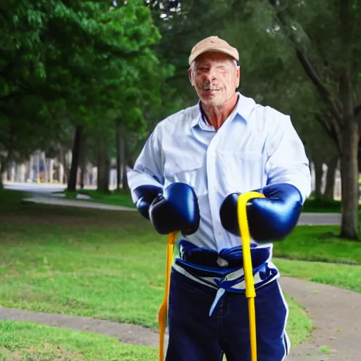 Image similar to janitor at the park, wearing boxing gloves