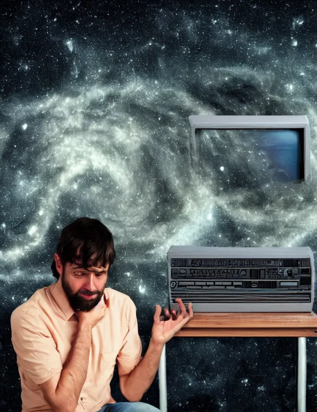 Image similar to a high resolution photo of a sad man watching the end of the universe live stream playing on a vintage computer screen, earthquake, debris