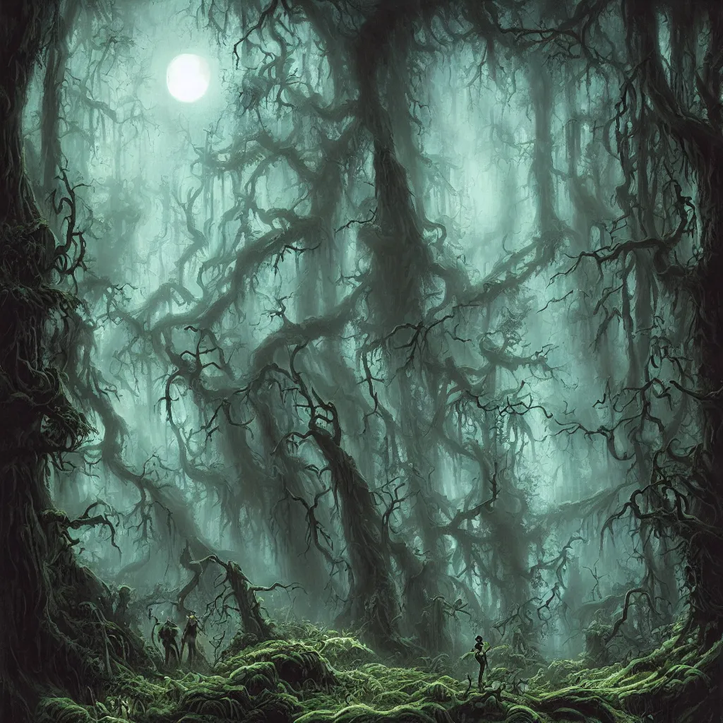 Image similar to a dark lush haunted sequoia forest at night, upward cinematic angle, J.R.R. Tolkien, by Rodney Matthews, P. Craig Russell and Andreas Rocha, dim moonlight, beautiful composition, intricate, elegant, digital art, detailed, mixed media painting, hyperrealistic, sharp focus, 8k