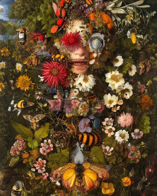 Image similar to A beautiful detailed full body portrait painting 'The Godes of nature' by Giuseppe Arcimboldo, flowers bees and birds everywhere, existential horror, Trending on cgsociety artstation, highly detailed, 8k, masterpiece, in the style of DiscoDiffusion.