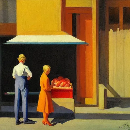 Prompt: a detailed painting, blonde man at a market, edward hopper,