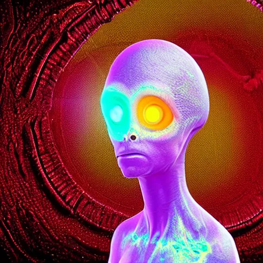 Prompt: “Holographic thermography scan of a alien with big bug eyes , the skin texture of the alien is slime with visualization of veins in 4k, the aliens mouth is human like and it has human form, worms and holes in it’s head using depth field, unreal engine, 4k concept art and hyper realism, overlay of worms on the alien head”