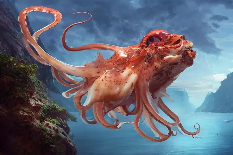 Image similar to the legendary island sized lion squid hybrid, made by Stanley Artgerm Lau, WLOP, Rossdraws, ArtStation, CGSociety, concept art, cgsociety, octane render, trending on artstation, artstationHD, artstationHQ, unreal engine, 4k, 8k,