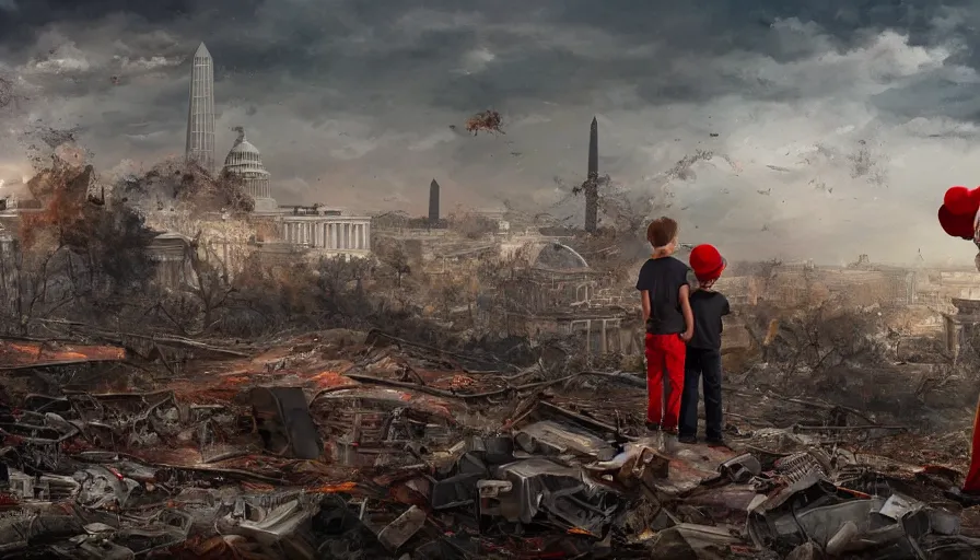 Image similar to father with shotgun and his son with red hat looking at destroyed washington dc from a rooftop, debris, destruction, cloudy day, vegetation, hyperdetailed, artstation, cgsociety, 8 k