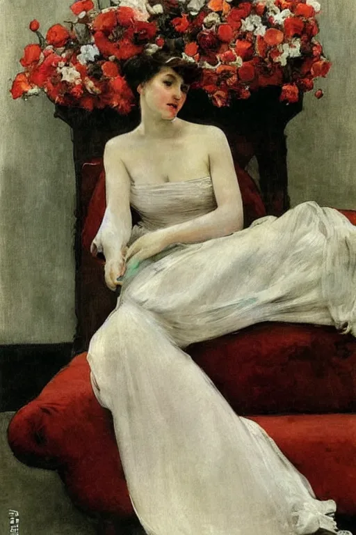 Image similar to european woman in a gown drunk laying on couch, bloom flowers, modern, eclectic, illustration, by ramon casas