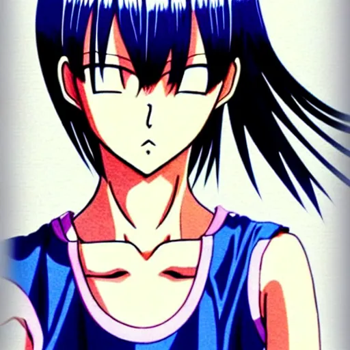 Image similar to attractive elegant sophisticated reservedyoung woman, slim figure, perfect silky straight hair, smooth tan skin, dark circles under bemused eyes, hip emo fashion, tshirt!!, shorts!!, illustrated for newtype magazine!! by akira toriyama!!!, pinterest, very interesting digital painting, beautiful portrait!!!