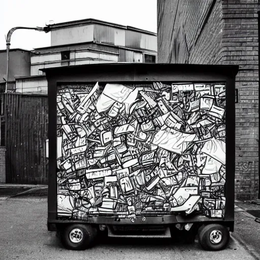 Prompt: Dumpster in a back alley, the garbage inside is blazing in flame, by Mcbess