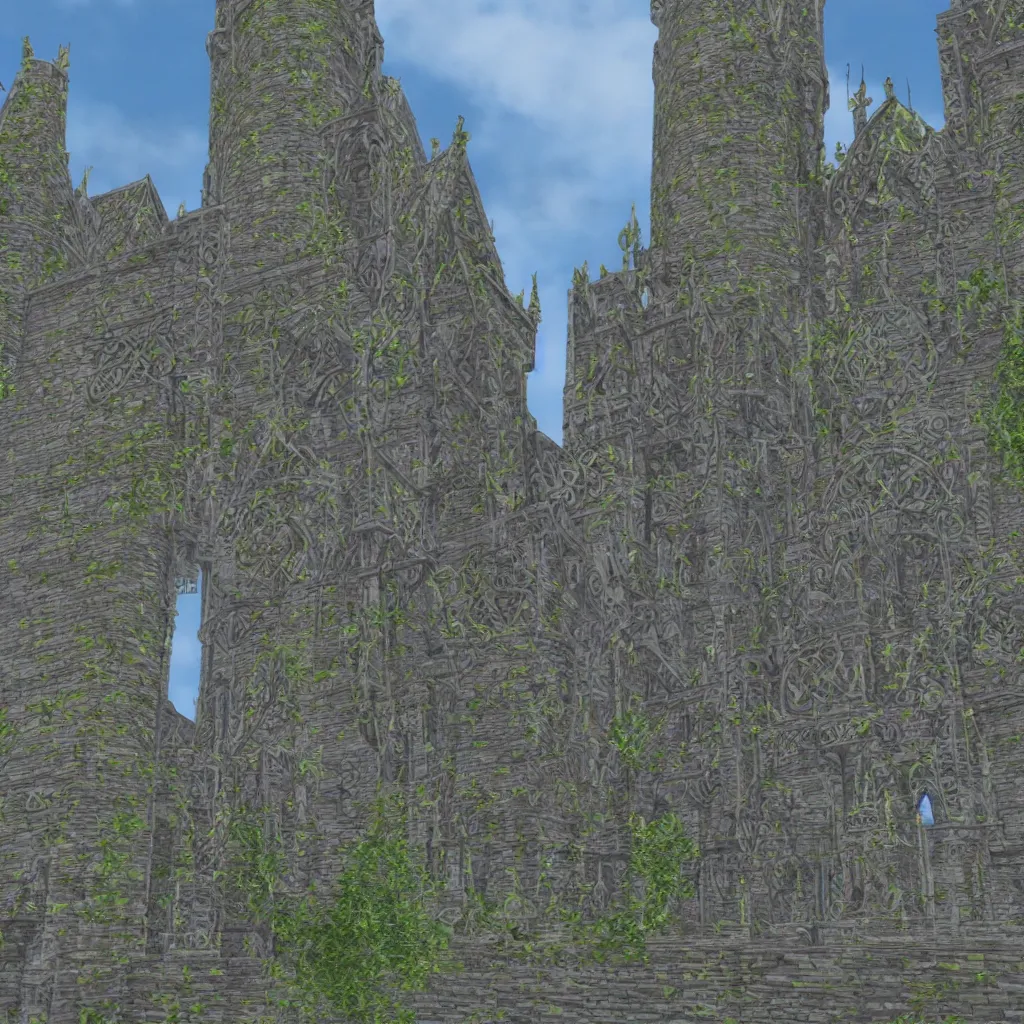 Image similar to tall fantasy celtic castle, 4 tall towers, photorealistic, hyper detailed, picture taken from the ground, first person perspective, realistic