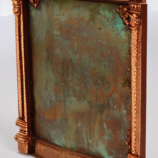 Image similar to a copper picture frame designed by Louis sullivan, patina, weathered, ornate