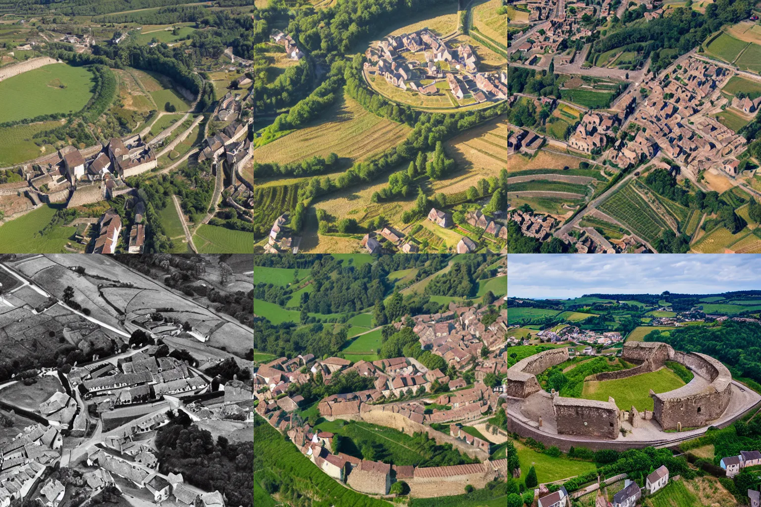 Prompt: Aerial establishing shot of a gallic village surrounded by circular palisade structure
