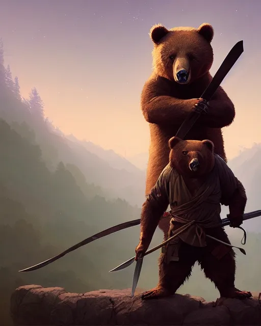 Image similar to highly detailed surreal vfx portrait of a ninja bear holding an axe, stephen bliss, unreal engine, greg rutkowski, loish, rhads, beeple, makoto shinkai and lois van baarle, ilya kuvshinov, rossdraws, tom bagshaw, alphonse mucha, global illumination, detailed and intricate environment