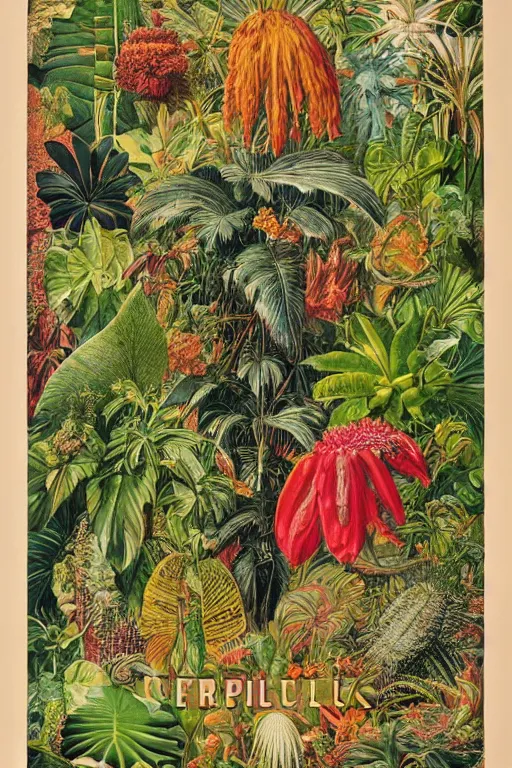 Image similar to vintage magazine advertisement depicting all of the tropical plants in the world, by marius lewandowski, by ernst haeckel