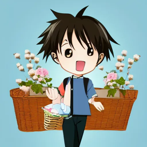 Prompt: a cute anime style boy holding basket on his shoulder, full body ,chibi ,kawaii, hyperreal