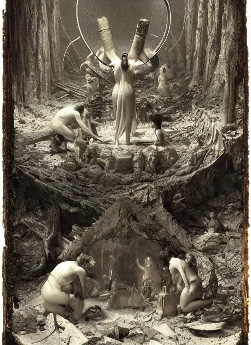 Prompt: old wetplate daguerreotype birth of civilization in times of eternal summoning, fractal, intricate, elegant, highly detailed, parallax, leica, medium format, subsurface scattering, by jheronimus bosch and greg rutkowski and louis jacques mande daguerre