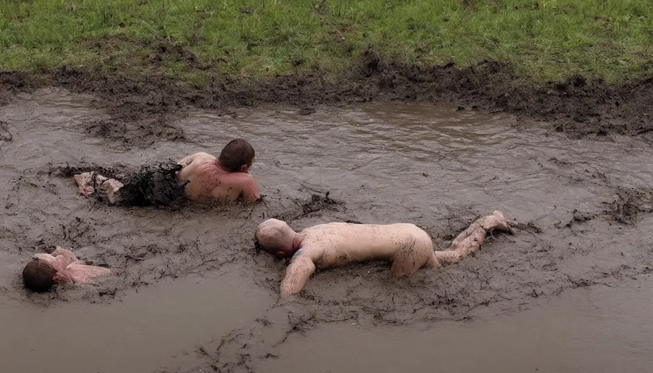 Image similar to man swimming trough the mud, russian style, hilarious, funny, meme, realistic, detailed, 4 k