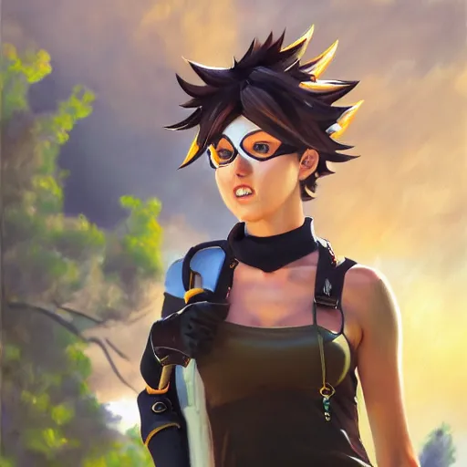 Image similar to oil painting of tracer overwatch in a field wearing spiked collar around neck, in style of steve henderson, wearing black choker, expressive face, detailed face, detailed eyes, full body, feminine face, tracer overwatch,